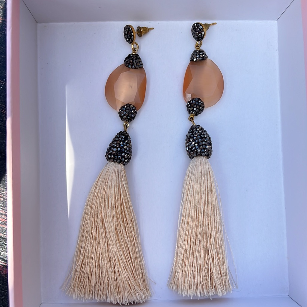 Dangle Studs Earrings With Natural Druzy Gemstone And A Thread Tassel Dangles